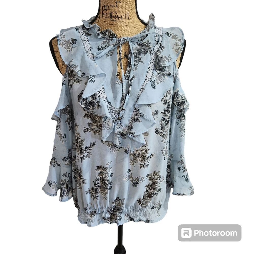 Angie Cold Shoulder Blouse Floral Soft Cottagecore Peasant Ruffle‎ Cinched Waist